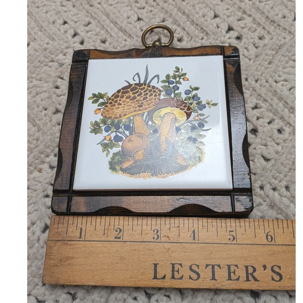 Vintage Jerry Schultz Mushroom Ceramic Tile Wood Framed Wall Hanging Cottagecore